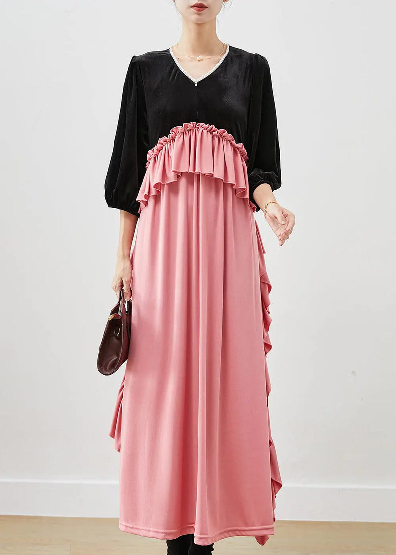 Ruffled Silk Velour Long Dress Fall