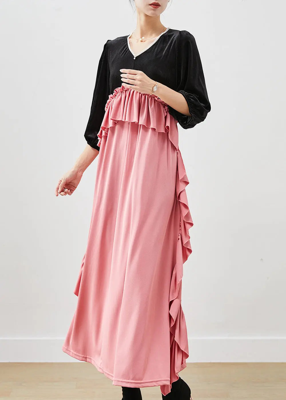 Ruffled Silk Velour Long Dress Fall