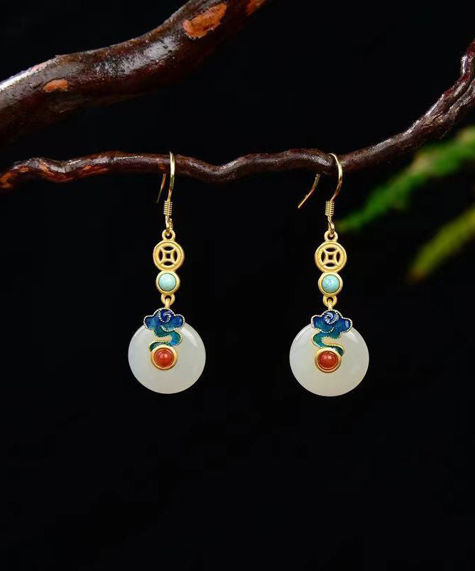 Colorblock Sterling Silver Overgild Jade Agate Turquoise Enamel Xiangyun Drop Earrings