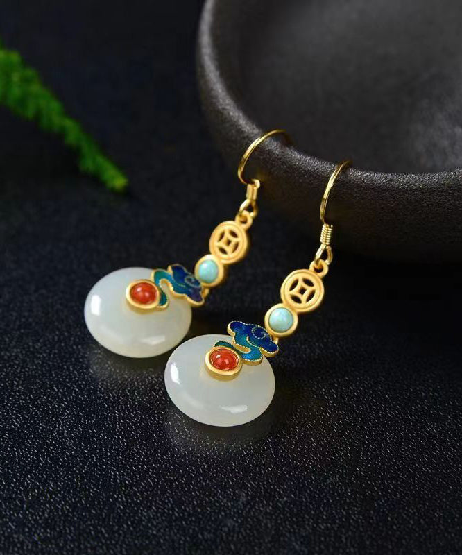 Colorblock Sterling Silver Overgild Jade Agate Turquoise Enamel Xiangyun Drop Earrings