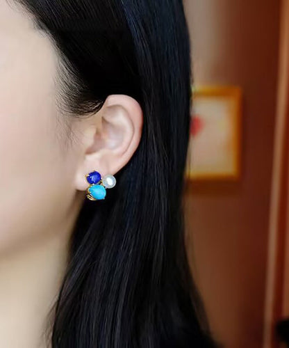 Colorblock Sterling Silver Overgild Turquoise Pearl Stud Earrings