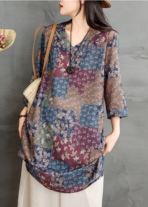 Colorblock V Neck Print Linen Mini Dress Summer Tm022