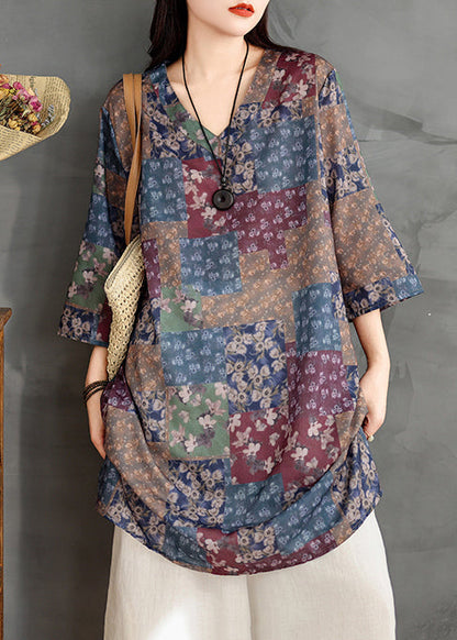 Colorblock V Neck Print Linen Mini Dress Summer Tm022