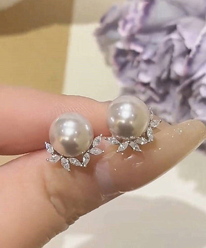 Copper Zircon Pearl Leaf Stud Earrings