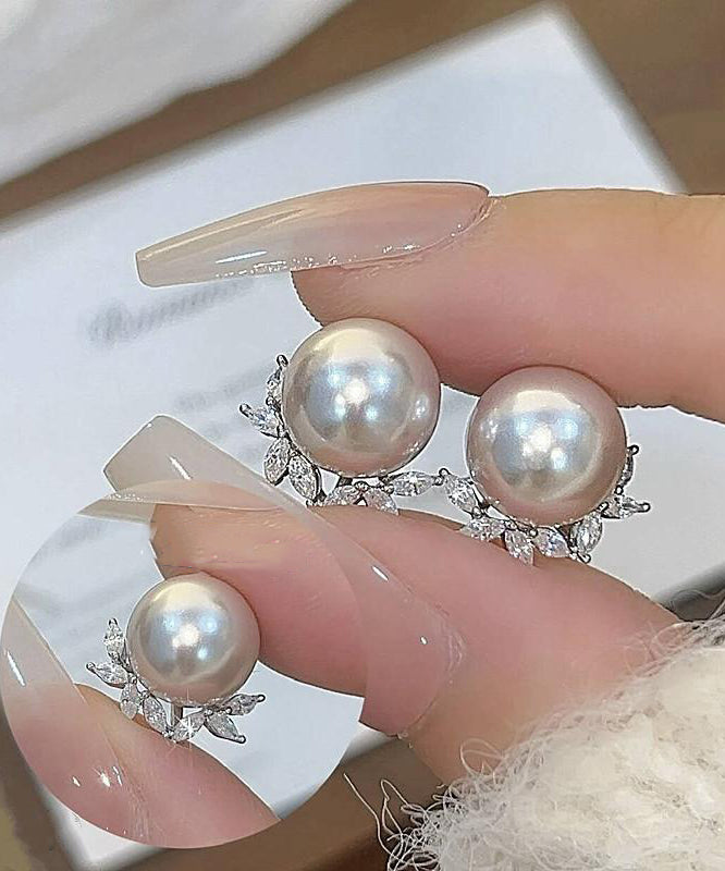 Copper Zircon Pearl Leaf Stud Earrings