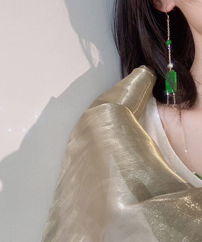 Dry Green Jade Overgild Jade Pearl Tasserl Drop Earrings