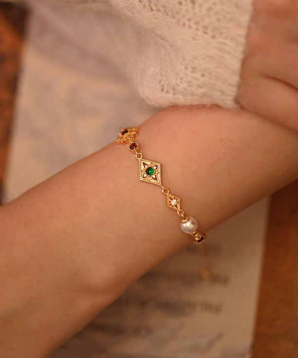 Geometric Pearl Gem Stone Adjustable Gold Plated Bracelet