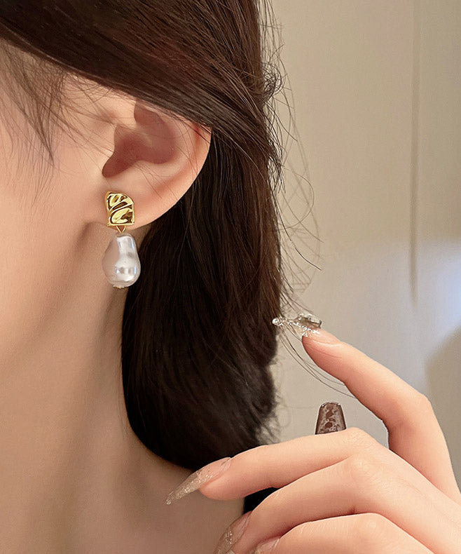 Gold Copper Alloy Asymmetric Pearl Drop Earrings