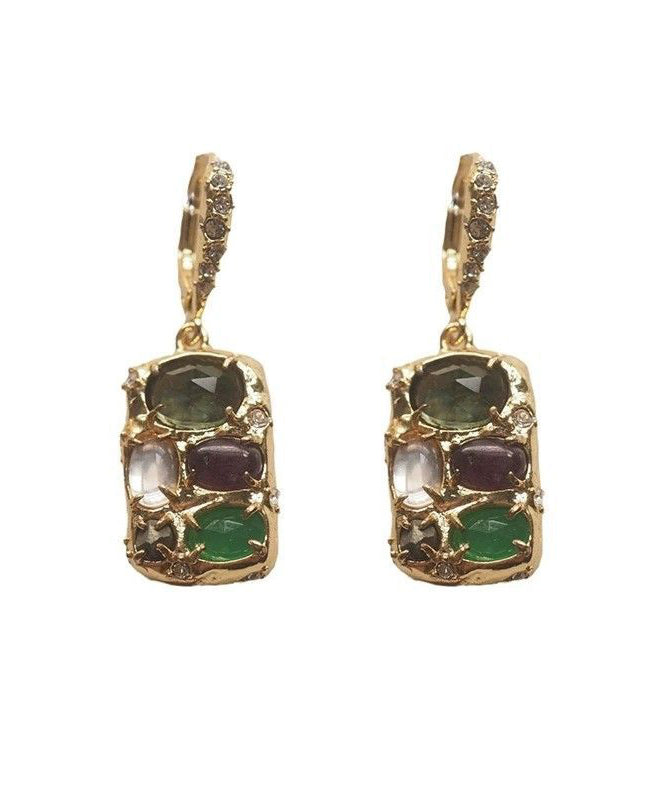 Gold Copper Overgild Gem Stone Tassel Drop Earrings