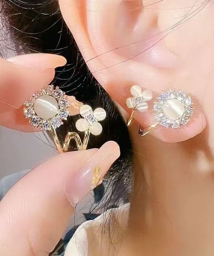 Gold Copper Overgild Zircon Cat's Eye Stone Hoop Earrings