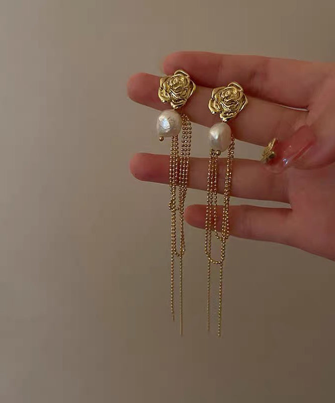 Gold Overgild Pearl Long Tassel Drop Earrings Ly1804