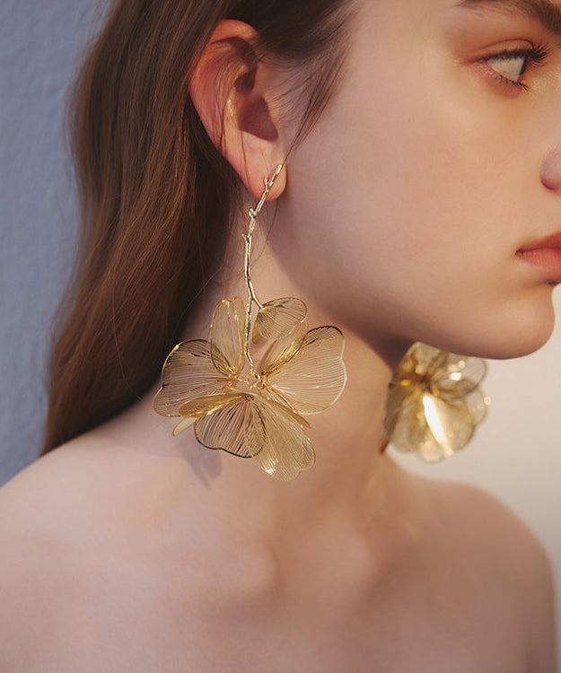 Golden Large Flower Metal Drop Earrings
