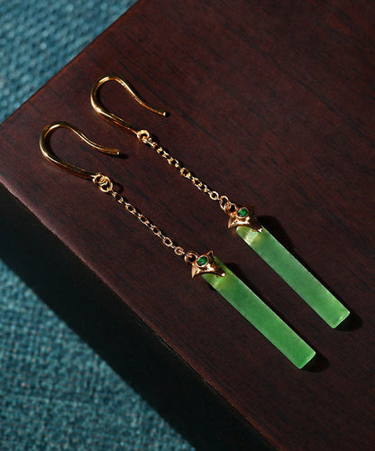 Green Ancient Gold Jade Rectangle Drop Earrings