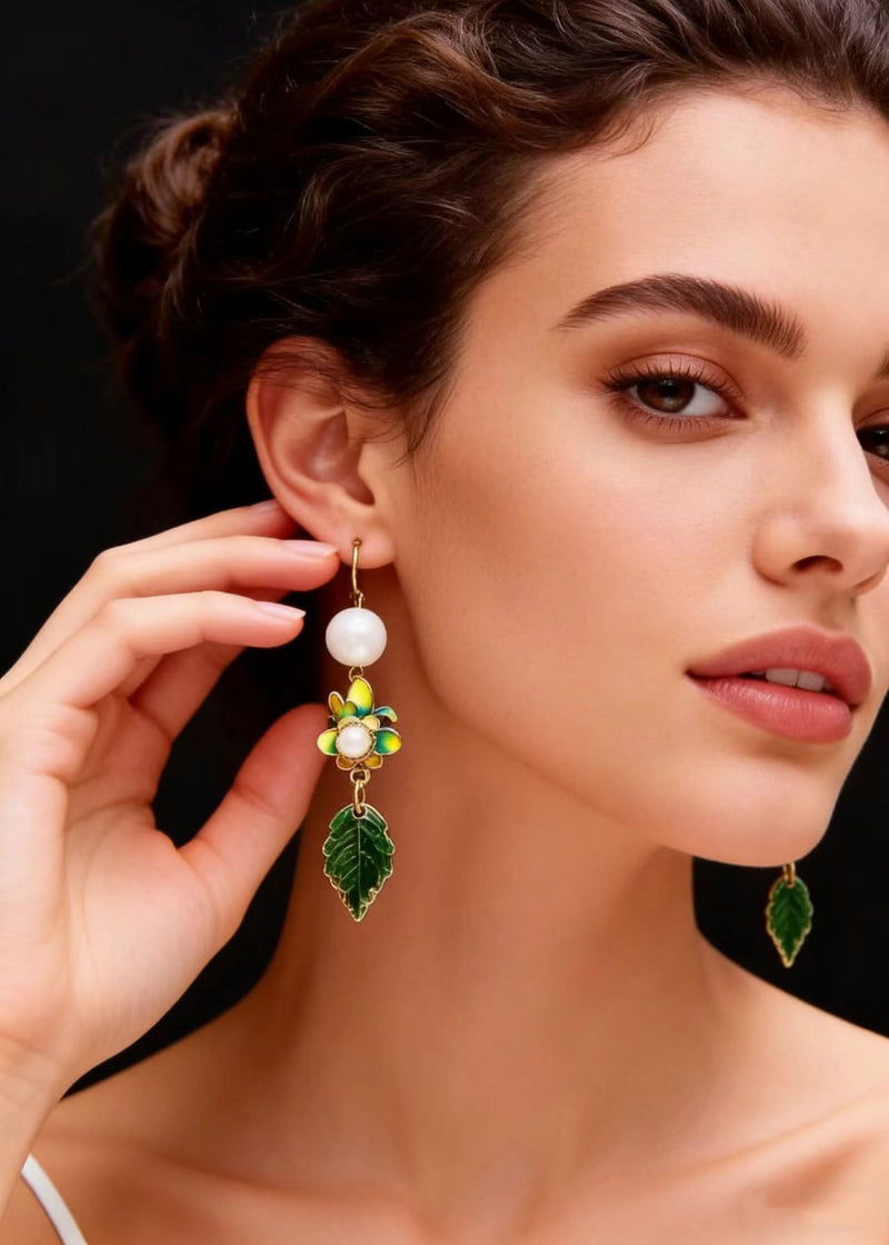 Green Leaf Metal Fine Pearl Drop Earrings
