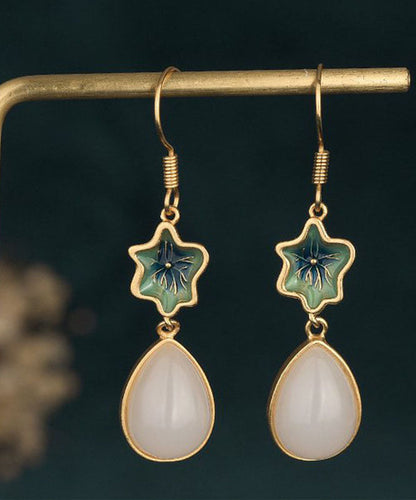Green Overgild Inlaid Jade Tassel Water Drop Drop Earrings