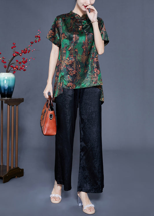 Green Print Asymmetrical Design Silk Oriental Two-piece Set Summer Ly942