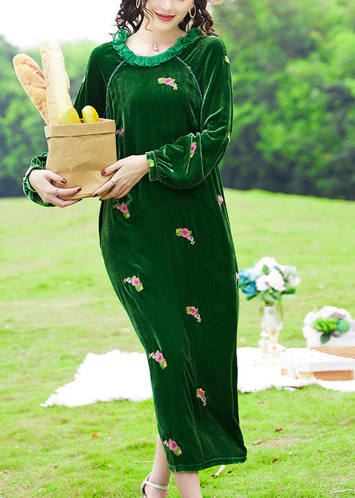 Green Ruffled Embroideried Silk Velour Maxi Dresses Ac3004