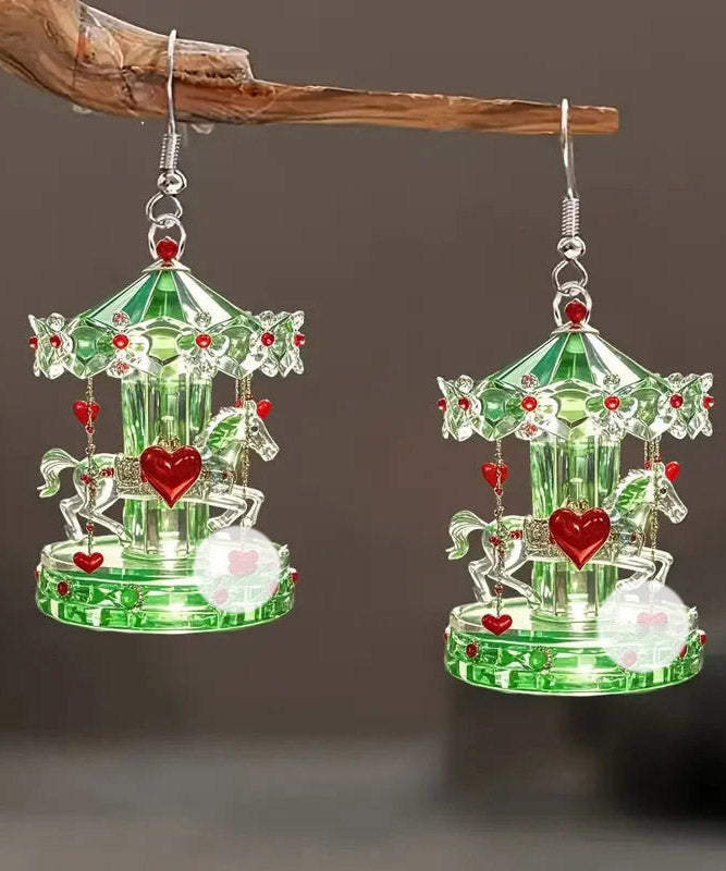 Green Stainless Steel Acrylic Crystal Carousel Drop Earrings
