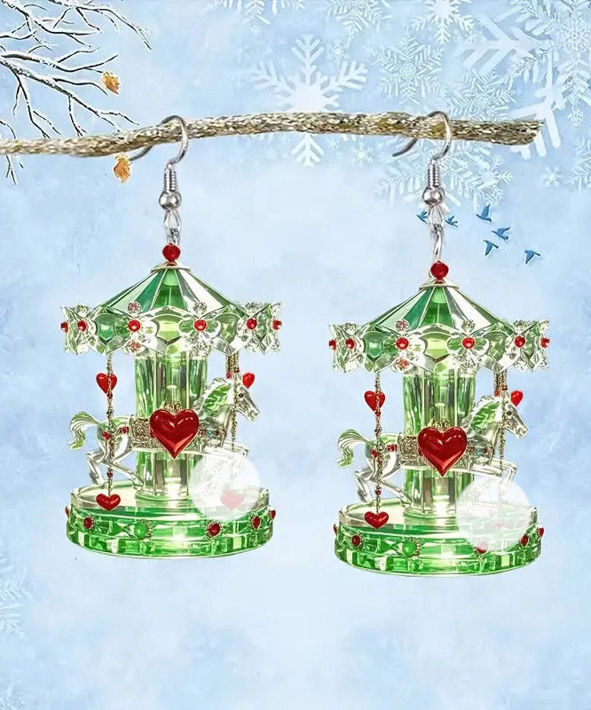 Green Stainless Steel Acrylic Crystal Carousel Drop Earrings