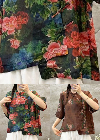 Coffee Button Linen Blouses Stand Collar Half Sleeve Vv005