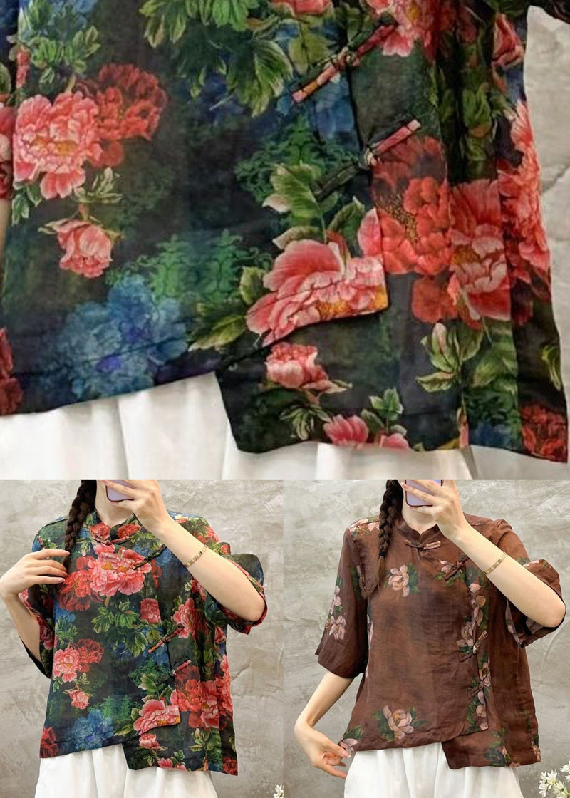 Coffee Button Linen Blouses Stand Collar Half Sleeve Vv005