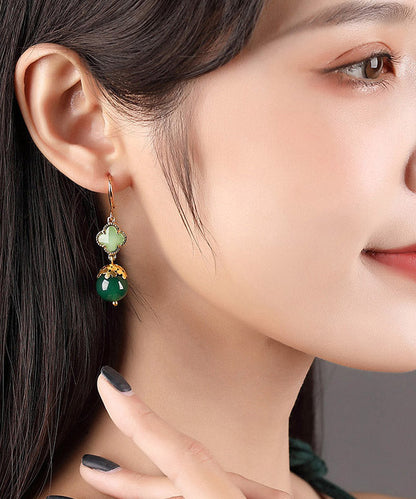 Green Sterling Silver Agate Coloured Glaze Clover Drop Earrings