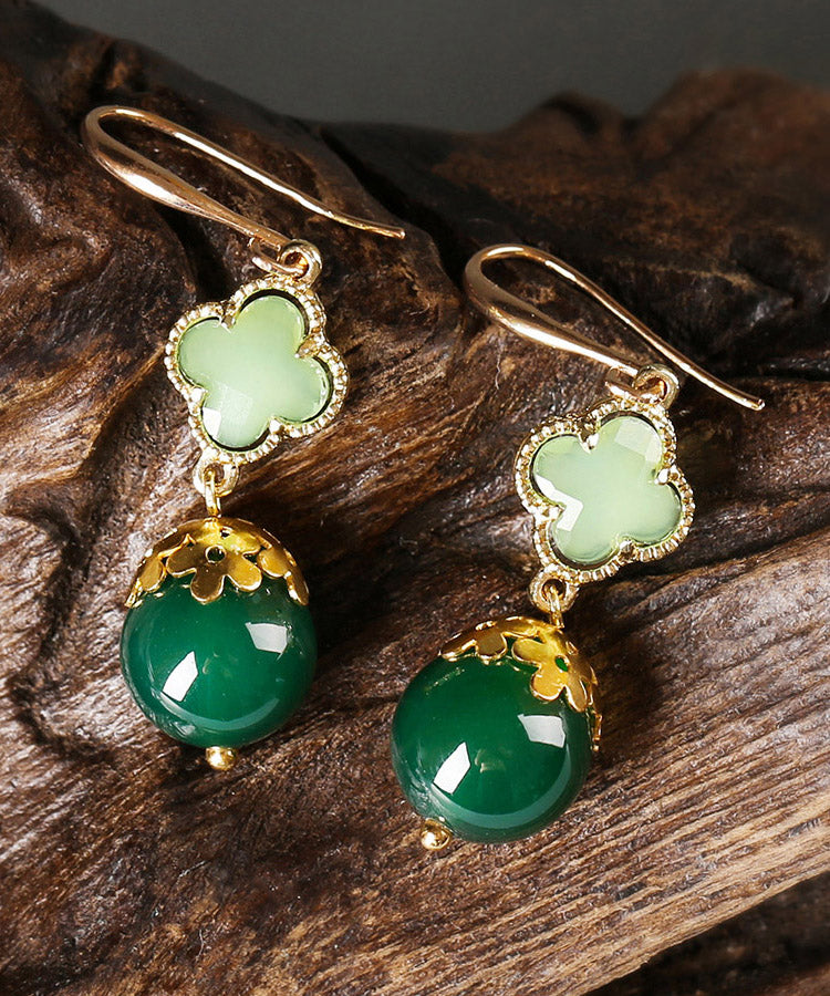 Green Sterling Silver Agate Coloured Glaze Clover Drop Earrings