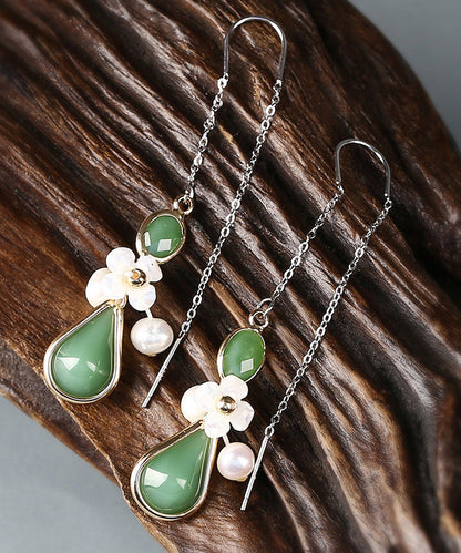 Green Sterling Silver Coloured Glaze Pearl Shell Flower Drop Earrings