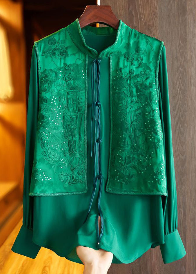 French Black Stand Collar Embroideried Patchwork Silk Blouses Spring Ly1672