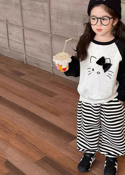 Grey O-neck Striped Sweatshirt and Lantern Pants Two Piece Set Spring Tr007