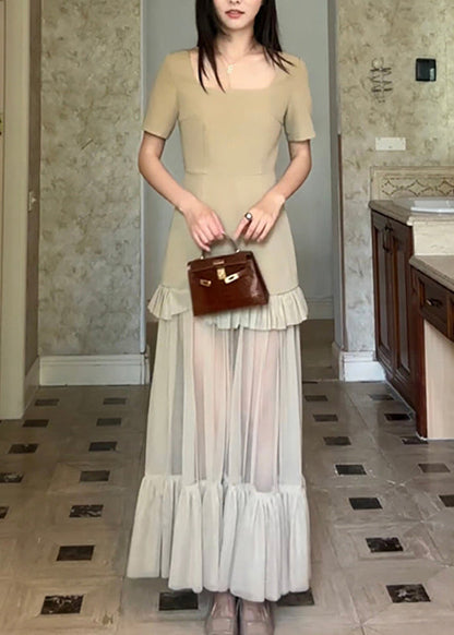 Khaki Square Collar Ruffled Patchwork Cotton Long Dresses Summer Zl066
