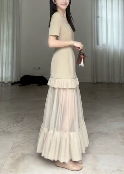 Khaki Square Collar Ruffled Patchwork Cotton Long Dresses Summer Zl066