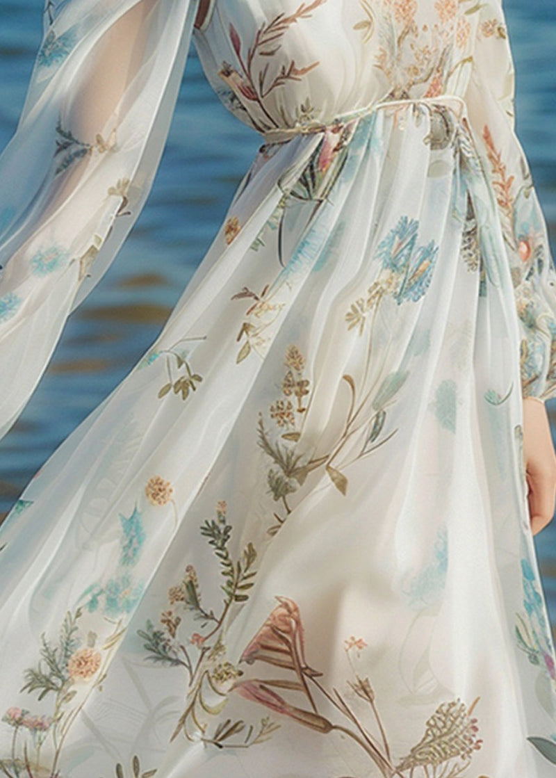 Light Blue V Neck Print Chiffon Long Dress Long Sleeve Kj011