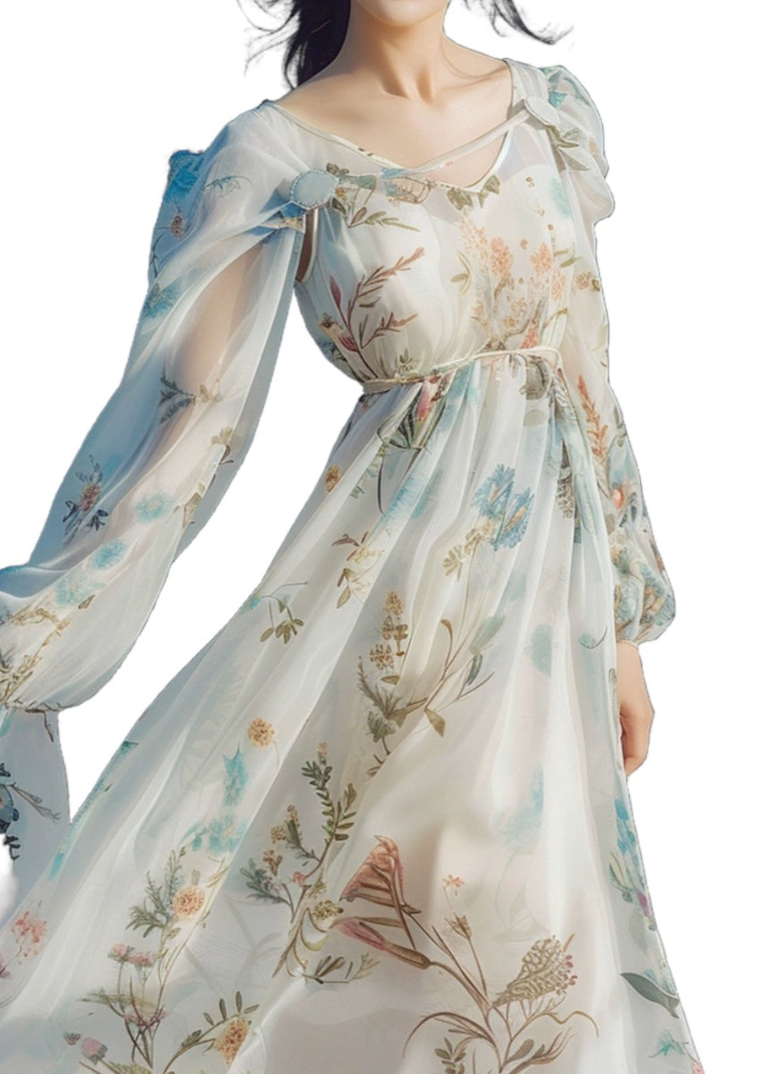 Light Blue V Neck Print Chiffon Long Dress Long Sleeve Kj011
