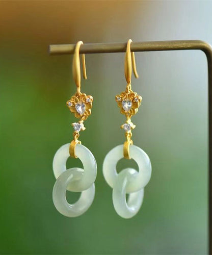Light Green Sterling Silver Overgild Double Ring Jade Zircon Drop Earrings Gh1020