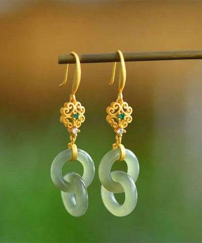 Light Green Sterling Silver Overgild Double Ring Jade Zircon Drop Earrings