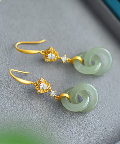 Light Green Sterling Silver Overgild Double Ring Jade Zircon Drop Earrings