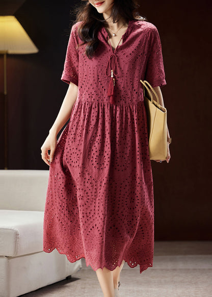 Mulberry V Neck Hollow Out Sashes Cotton Maxi Dress Short Sleeve Ww027