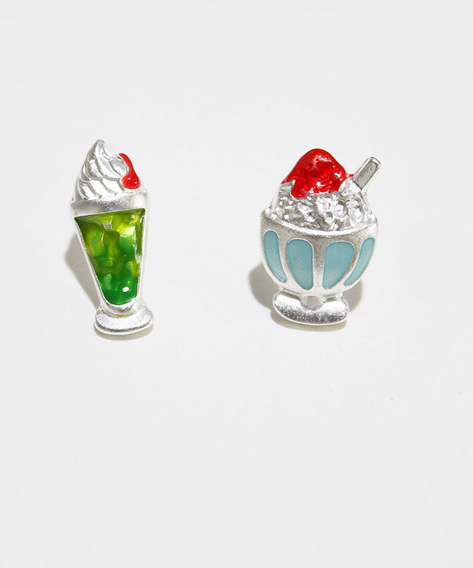 Multicolour Asymmetrical Design Ice Cream and Sundae Metal Silver Stud Earrings