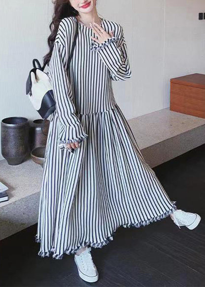 O Neck Striped Patchwork Cotton Long Dresses Long Sleeve Bv038