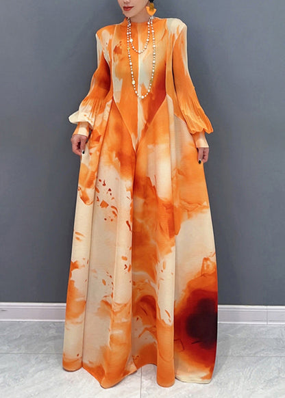 Orange Stand Collar Wrinkled Chiffon Long Dress Spring Uu1060