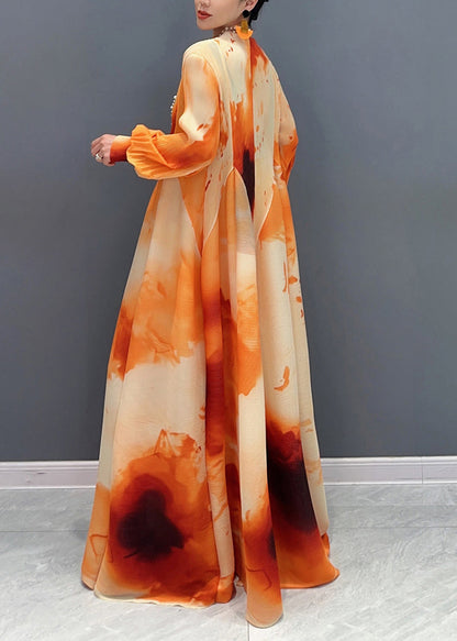 Orange Stand Collar Wrinkled Chiffon Long Dress Spring Uu1060
