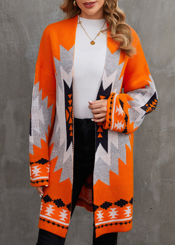 Orange V Neck Patchwork Knit Cardigan Fall Ae1013