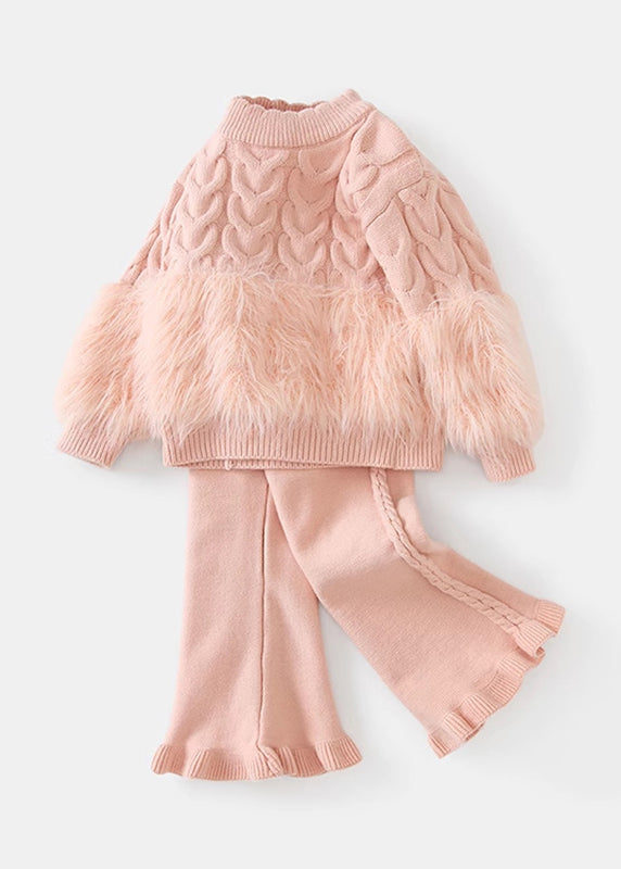 Pink Fuzzy Fur Fluffy Patchwork Cotton Knit Kids Sweaters and Pants Two Pieces Set Winter Tr021
