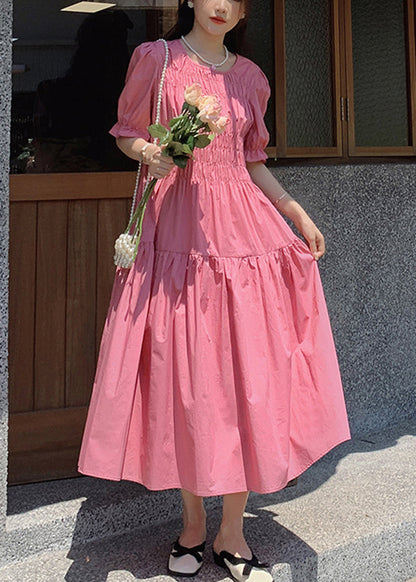 Pink O Neck Puff Sleeve Wrinkled Patchwork Cotton Long Dress Xx034