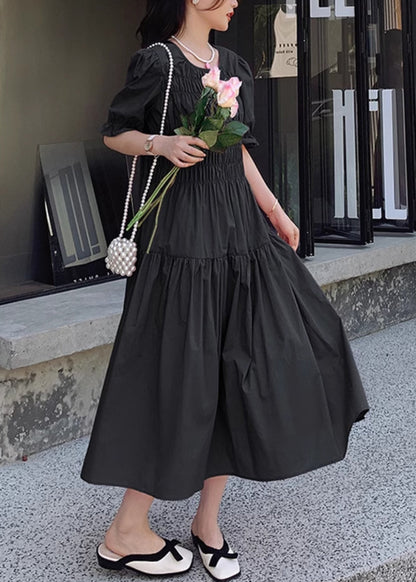 Pink O Neck Puff Sleeve Wrinkled Patchwork Cotton Long Dress Xx034