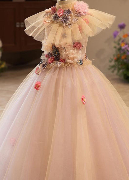 Pink Patchwork Tulle Kids Vacation Maxi Dresses Summer Yg019