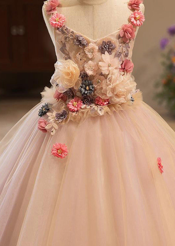 Pink Patchwork Tulle Kids Vacation Maxi Dresses Summer Yg019