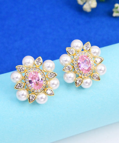 Pink Sterling Silver Crystal Pearl Zircon Stud Earrings