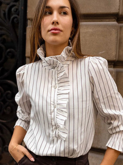 Pink Stripe Stand Collar Ruffled Blouse